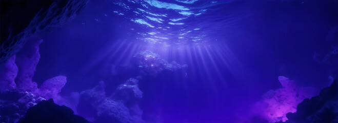 View from under the ocean at night with purple glowing lights from the sky from Generative AI