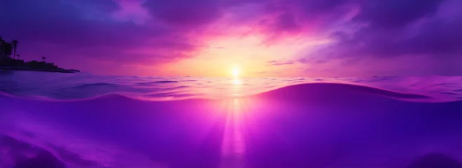 Tuinposter View from under the ocean with purple sunset rays from the sky from Generative AI © sevenSkies