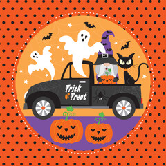 halloween card with gnome, cat and ghost on the car