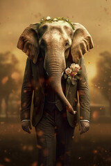 Portrait of an elephant with a wedding bouquet