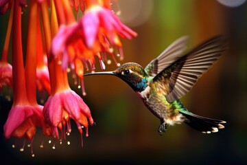 macro of hummingbird feeding, pollinating colorful flower