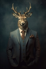 Portrait of a deer in a suit on a dark background. © Anna
