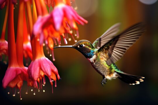 macro of hummingbird feeding, pollinating colorful flower