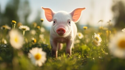 Fototapeta premium World Vegan Day 1 November. Happy cute piglet on the green lawn, Love animals, eat vegetable not meat for healthy life.