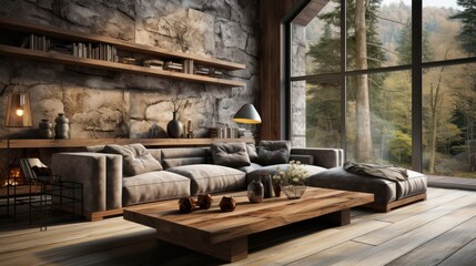 Obraz premium Interior of cozy minimalist living area in modern luxury cottage. Stone wall, comfortable corner sofa with cushions, rough wooden coffee table. Panoramic window with forest view. Eco home design.