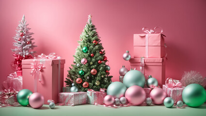 Fototapeta na wymiar Christmas tree, balls, box with a bow paper style, 3d