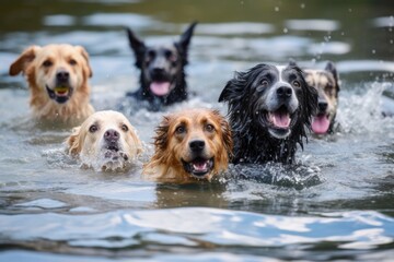 group of dogs playfully swimming together
