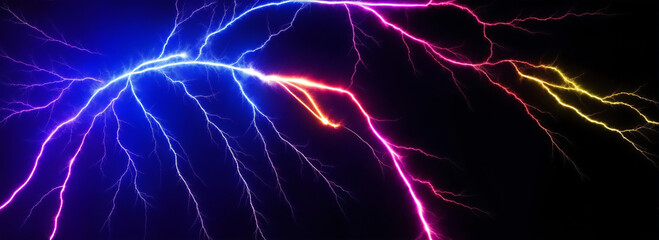 Close up of colorful lighting strike on plain black background from Generative AI