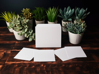 Set of blank cards in front of succulent pot plants, mock up template