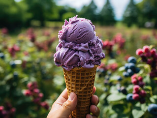 Hand holding a blueberry ice cream cone on a blueberry farm