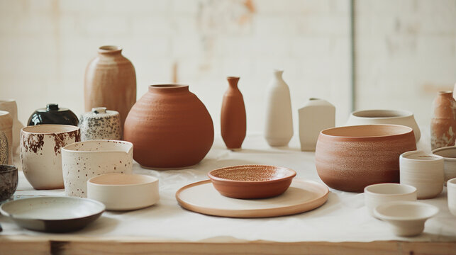 Generative AI, crafted pottery, still life of hand made pottery and ceramic bowls, hobby and leisure concept