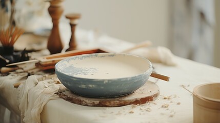 Generative AI, crafted pottery, still life of hand made pottery and ceramic bowls, hobby and leisure concept
