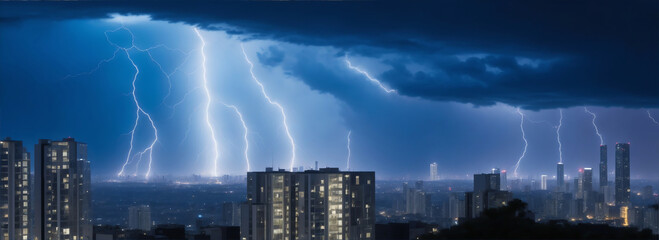 City view from luxurious balcony of a high rise building at night with lightning from the sky from Generative AI