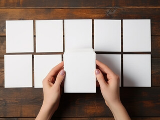 Blank cards laid out flat on a wood table, blank mockup template, hands holding or touching cards