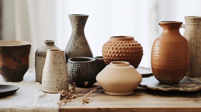 Generative AI, crafted pottery, still life of hand made pottery and ceramic bowls, hobby and leisure concept