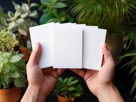 Hands Holding Or Touching A Deck Of Blank Cards, Blank Mockup Template, Plant Background