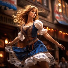 European girl dancing national dance in European clothes