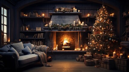 Obraz premium Interior of luxury classic living room with Christmas decor. Blazing fireplace, garlands and burning candles, elegant Christmas tree, gift boxes, bookcases. Magical Christmas celebration concept.