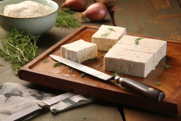 fresh tofu block on board with knife beside
