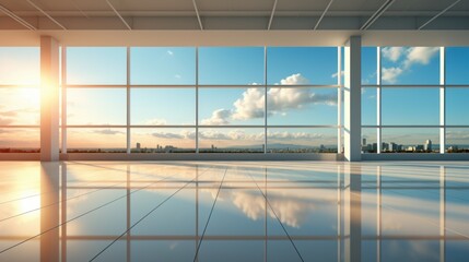 Interior of empty open space office area in modern luxury building. Glossy floor, white columns and ceiling, huge floor-to-ceiling windows with urban view. Template, 3D rendering.