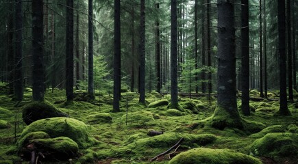 forest in the morning, forest in spring, trees in the forest, green forest - obrazy, fototapety, plakaty