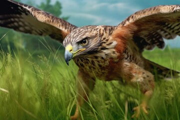 close-up of hawk diving towards prey in a grassy field