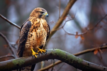 hawk perched on a tree branch, moments before taking flight to hunt