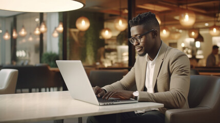 African American man using laptop in modern cafe hotel lobby.