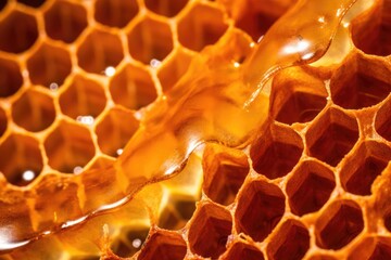 macro shot of honeycomb cells filled with honey