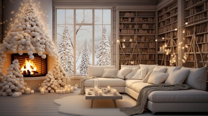Fototapeta premium Interior of classic white living room with Christmas decor. Blazing fireplace, burning candles, elegant Christmas tree, comfortable cushioned furniture, bookcase, large window with winter forest view.