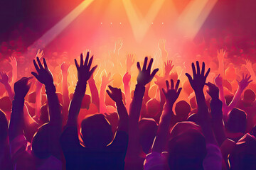 A colorful background with a crowd of hands up and the word music on it