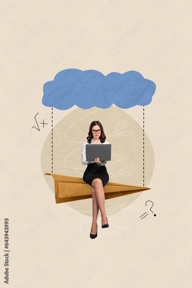 Poster collage image of beautiful clever girl sitting plane calculating equation solving homework isolated 