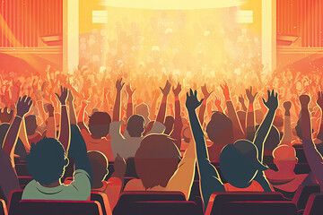 A colorful background with a crowd of hands up and the word music on it