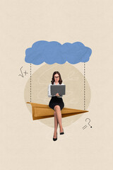 Collage image of beautiful clever girl sitting plane calculating equation solving homework isolated...