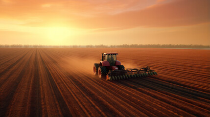 Fototapeta premium Modern Farming Marvel: Aerial View of Sunset Plowing with Advanced Tractor and Technology.