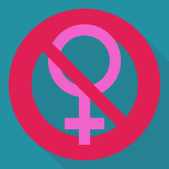 Red circular prohibition symbol with the pink female symbol crossed out on a blue background with shadow in flat design style