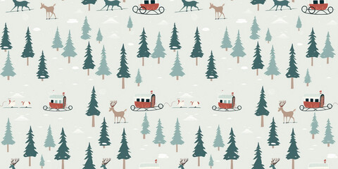 Christmas sweater patterns featuring fun designs like reindeer, snowflakes, and festive elements in the forest. Seamless pattern of winter motifs.