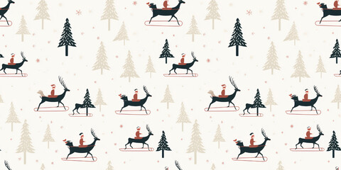Christmas sweater patterns featuring fun designs like reindeer, snowflakes, and festive elements in the forest. Seamless pattern of winter motifs.