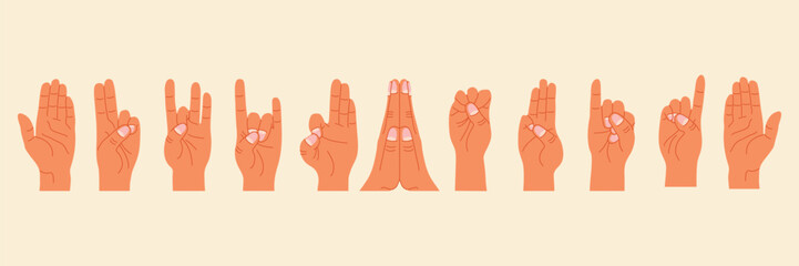 Hand gesture set of yoga mudra. Hand drawn concept meditation, mental health, self care. Flat vector illustration for sticker, icon, print.
