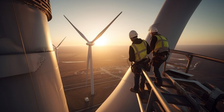 Wind Turbine Reliability: Maintenance Workers High Above Ground In The Renewable Energy Sector