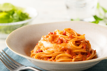 糸引きモッツァレラとトマトソースのスパゲッティー