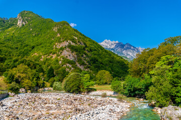 Fototapeta na wymiar Winged river from the small mosque in Dragobi in the Valbona Valley, Theth National Park, Albanian Alps, Albania