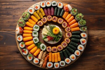 sushi rolls arranged in a circle on a wooden platter