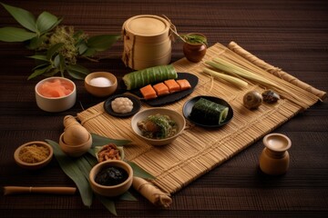 bamboo sushi mat with ingredients for rolling