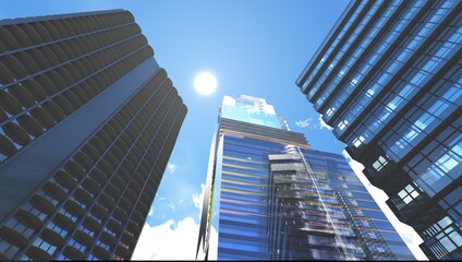 Modern high rise buildings on blue sky, skyscrapers bottom view, beautiful cityscape, 3d rendering