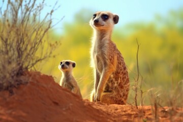 Fototapeta premium meerkat mother and pup watching the surroundings