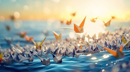 A group of origami cranes floating in the water