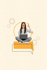 Vertical creative composite photo collage of smart girl in glasses hold laptop chatting with...