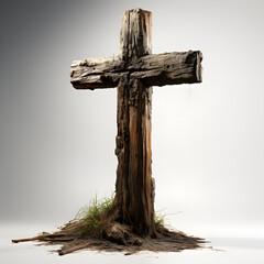 A weathered wood cross stands in dirt, isolated on a simple grey background. Ideal for modern designs requiring a textured, rustic feel