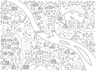 City map with a big river. Editable outline. Vector line illustration sketch.